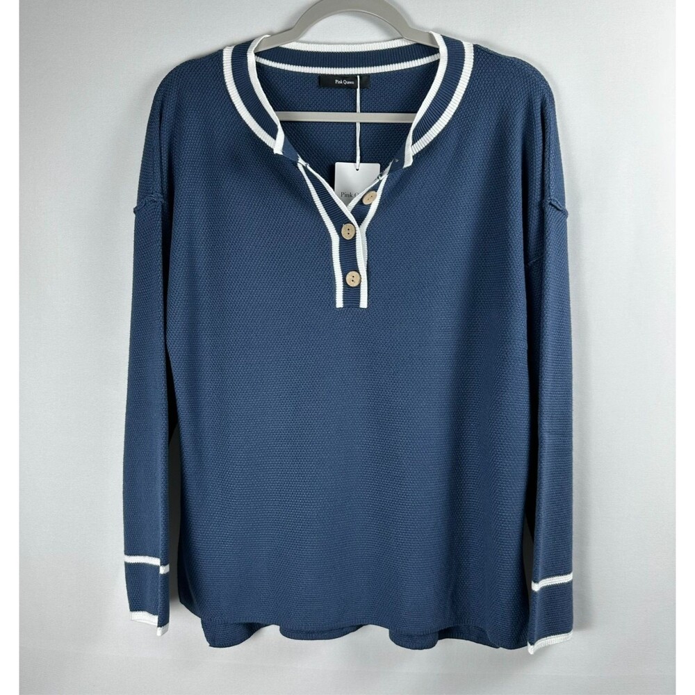 Pink Queen Coastal Henley Sweater Womens S Blue Preppy Minimalist‎ Old Money